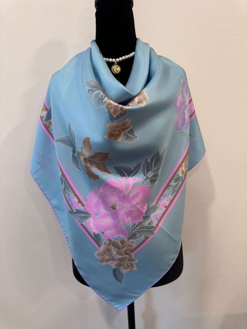 Leonard Silk Scarf Floral Blue Pink Hand Rolled Made in France